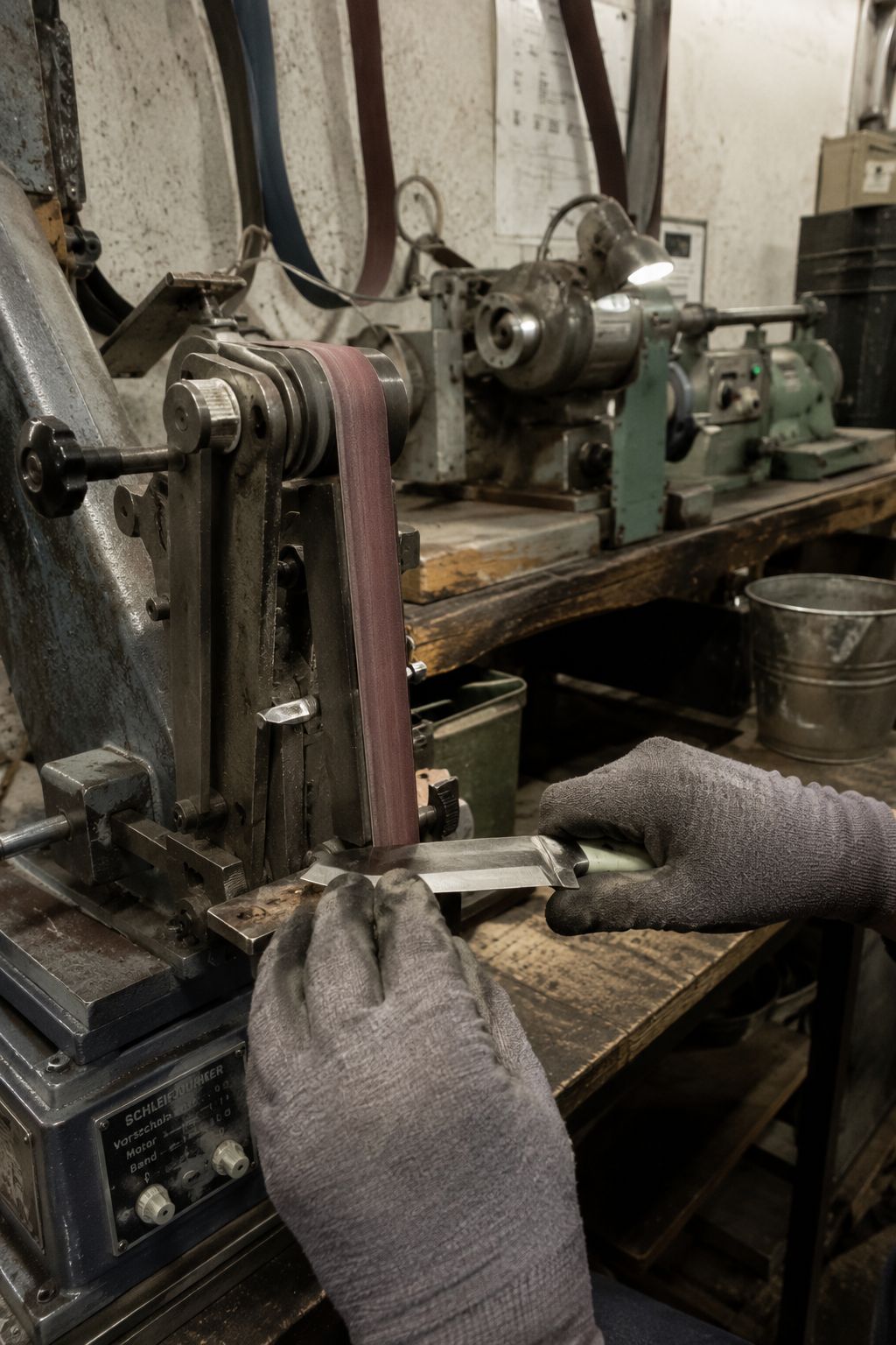 Affûtage d’une lame sur la machine à bande de l’atelier familial